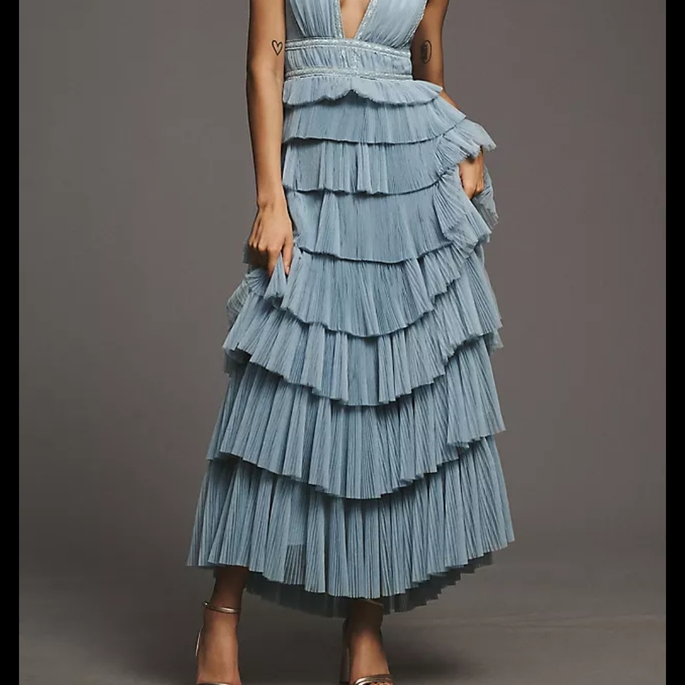 Hutch Anthropologie Charley deep-v pleated tiered maxi dress